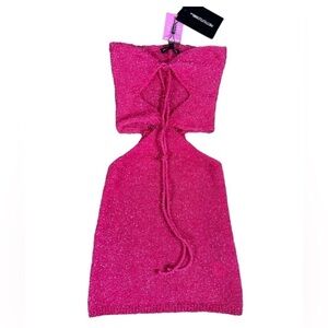 Pretty Little Thing Pink Silver Tinsel Knit Open Front Cut Out Mini Dress Sz XS